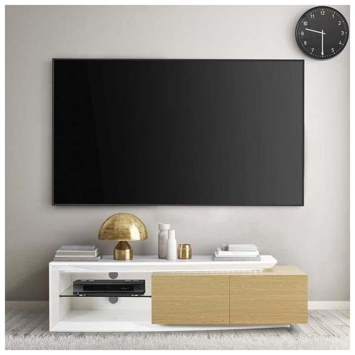 Meuble TV LED Style contemporain VIRGOS - Décor chene et blanc brilla