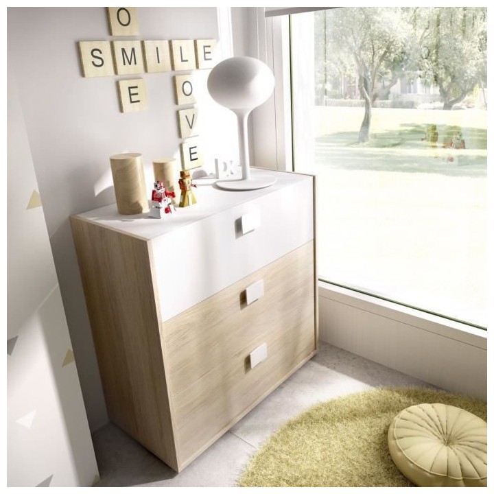 Commode enfant 3 tiroirs - Décor Blanc/chene - L80 x P43 x H81 cm