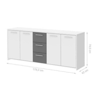 Buffet bas PILVI - 4 portes et 3 tiroirs - Blanc et gris mat - Contemp