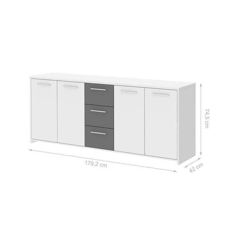 Buffet bas PILVI - 4 portes et 3 tiroirs - Blanc et gris mat - Contemporain - L 179,2 x P 42 x H 74,5 cm