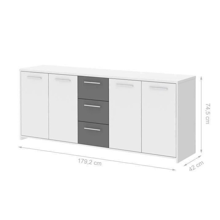 Buffet bas PILVI - 4 portes et 3 tiroirs - Blanc et gris mat - Contemp