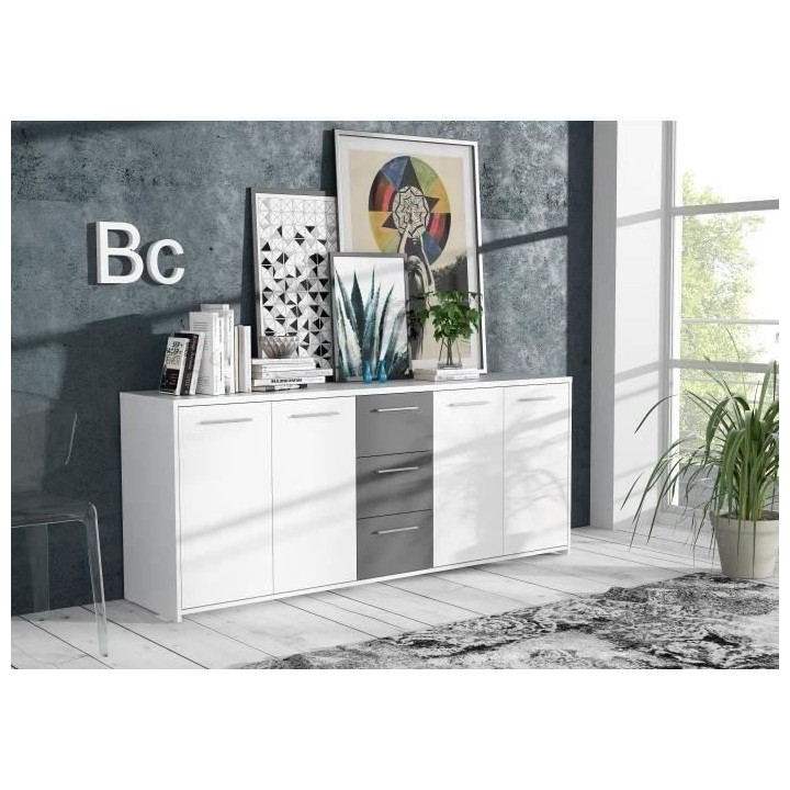 Buffet bas PILVI - 4 portes et 3 tiroirs - Blanc et gris mat - Contemp
