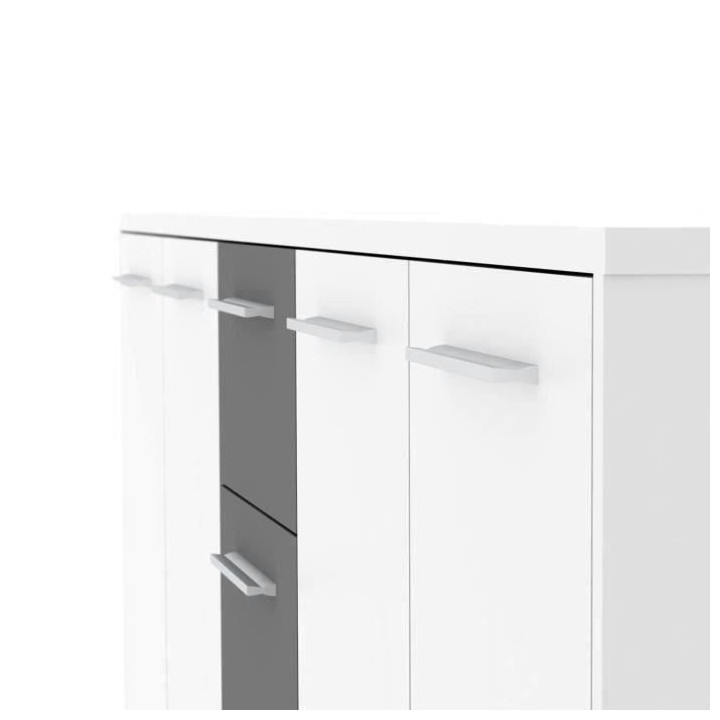 Buffet bas PILVI - 4 portes et 3 tiroirs - Blanc et gris mat - Contemp