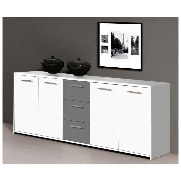 Buffet bas PILVI - 4 portes et 3 tiroirs - Blanc et gris mat - Contemp