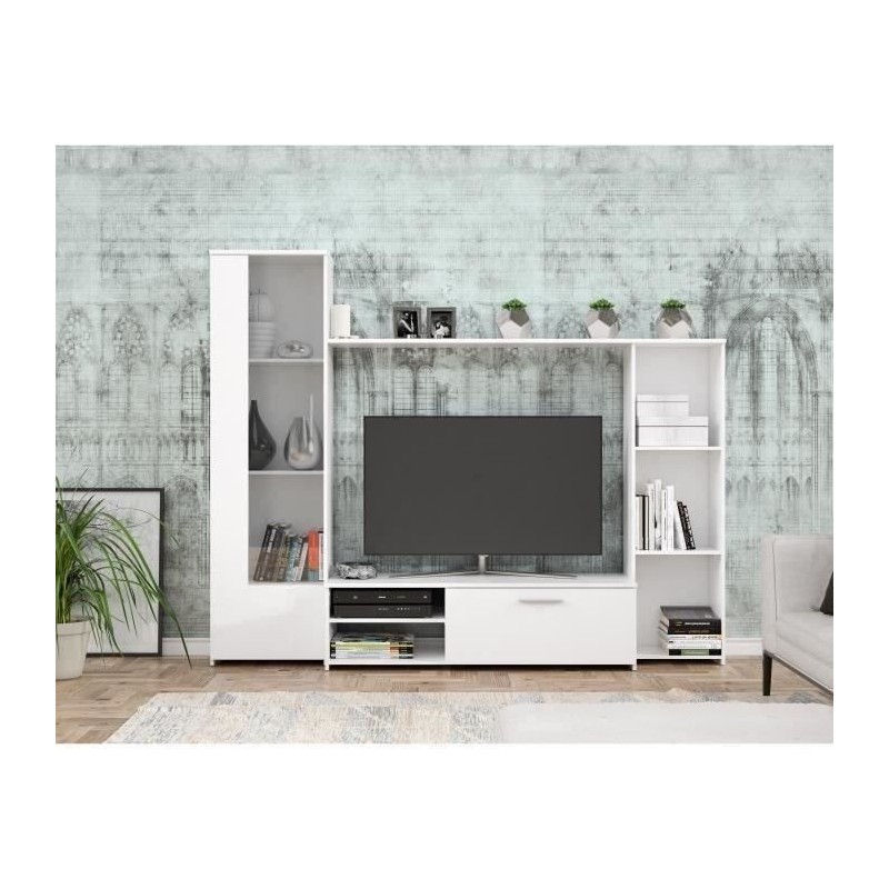 Meuble TV paroi murale - Blanc mat - Contemporain - L 220,4 x P41,3 x H177,5 cm - PILVI