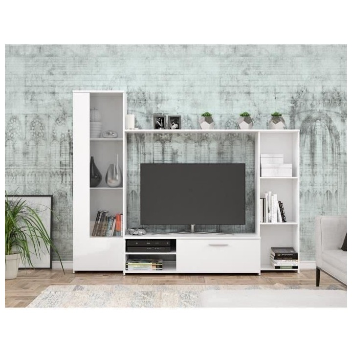 Meuble TV paroi murale - Blanc mat - Contemporain - L 220,4 x P41,3 x