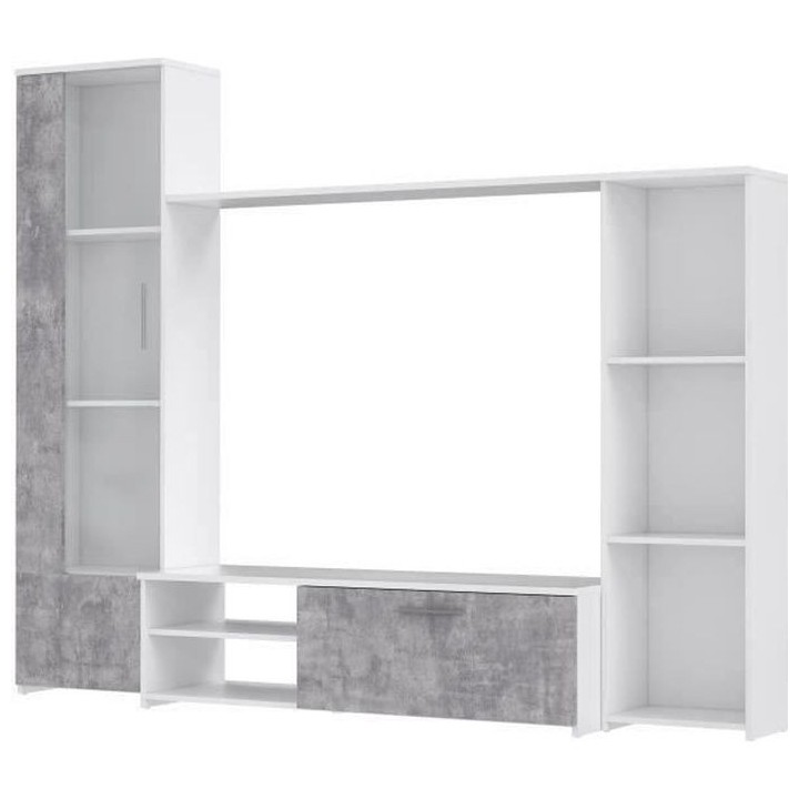 Meuble TV paroi murale - Blanc mat et béton clair - Contemporain - L