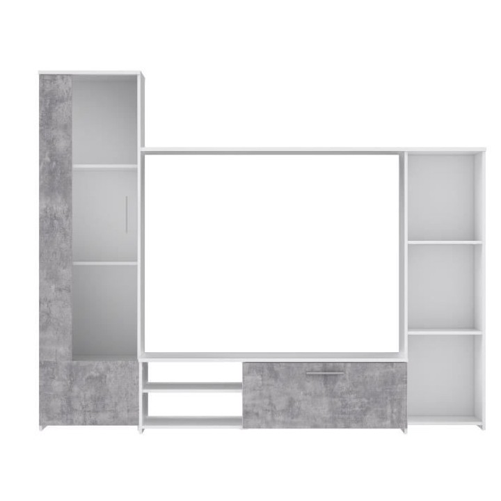 Meuble TV paroi murale - Blanc mat et béton clair - Contemporain - L