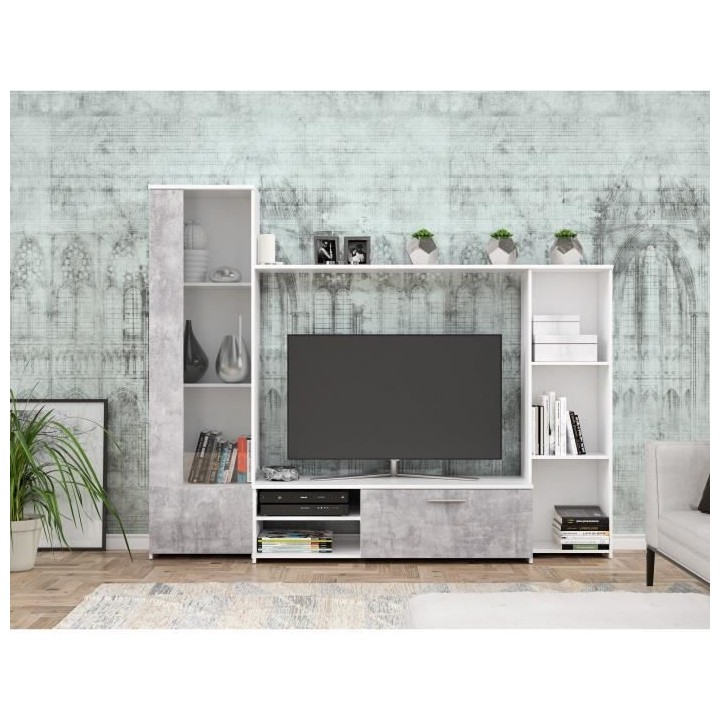 Meuble TV paroi murale - Blanc mat et béton clair - Contemporain - L