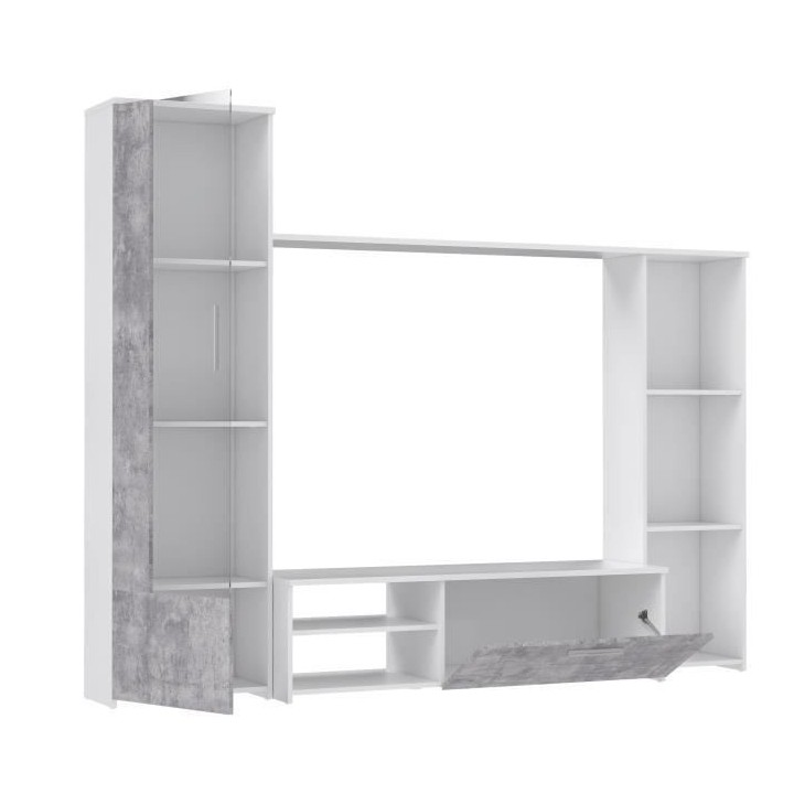 Meuble TV paroi murale - Blanc mat et béton clair - Contemporain - L