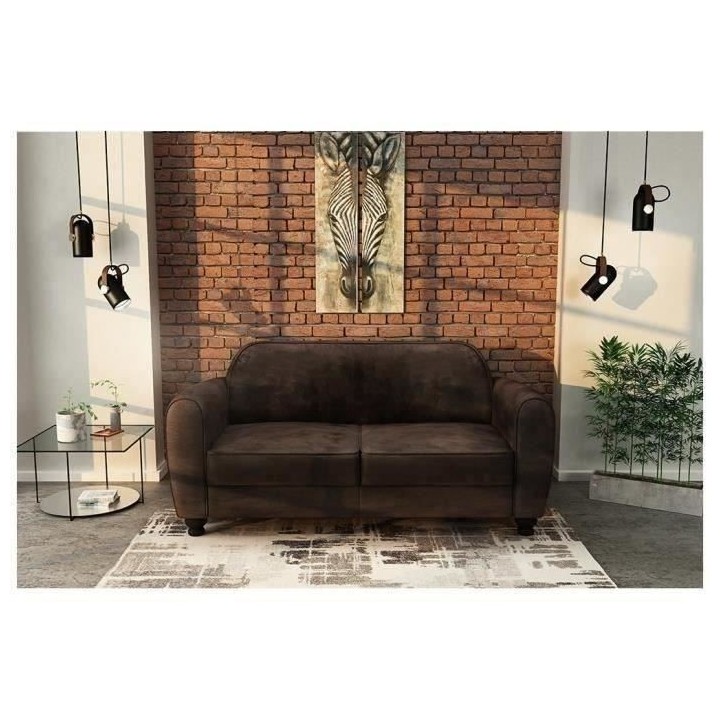 Canapé Club droit fixe 3 places IKÄINEN- Tissu marron effet vieilli