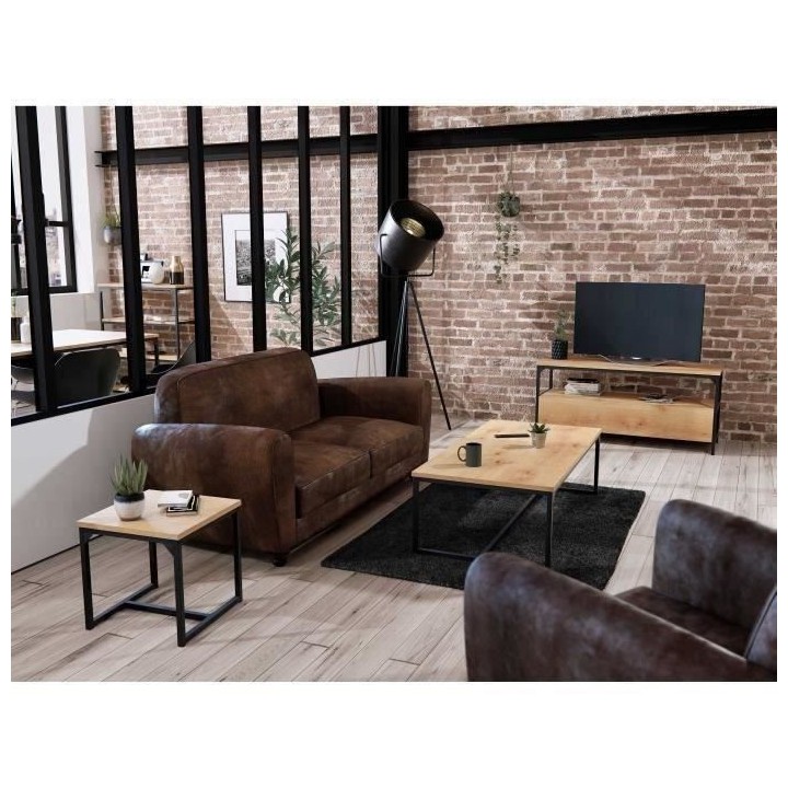 Canapé Club droit fixe 3 places IKÄINEN- Tissu marron effet vieilli