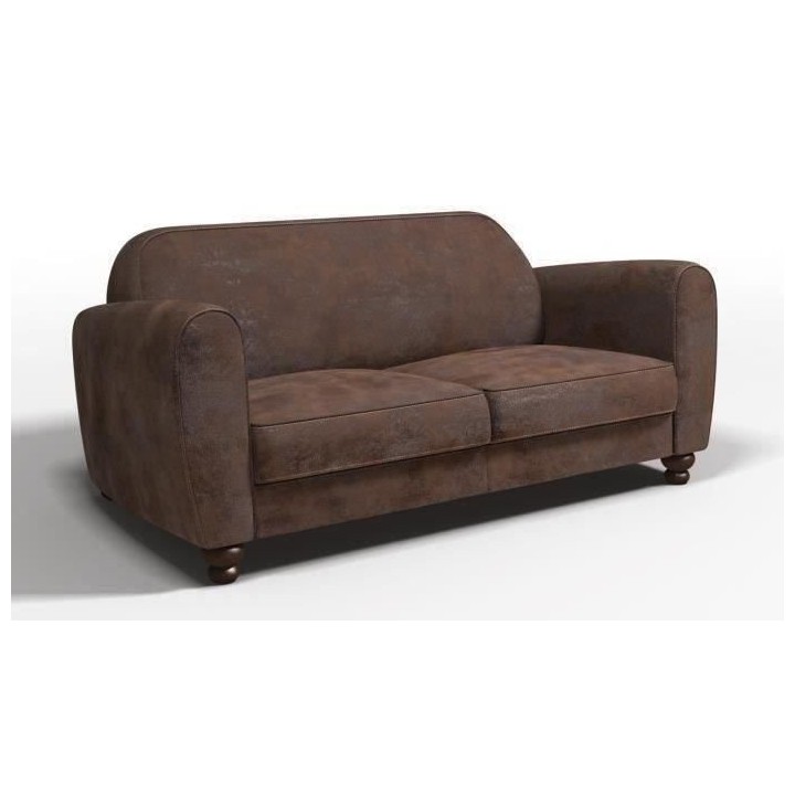 Canapé Club droit fixe 3 places IKÄINEN- Tissu marron effet vieilli