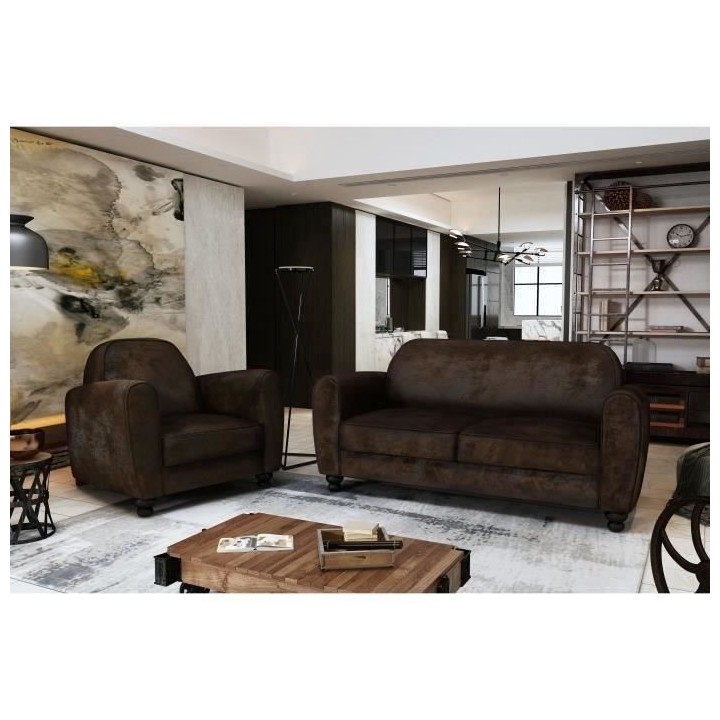 Canapé Club droit fixe 3 places IKÄINEN- Tissu marron effet vieilli