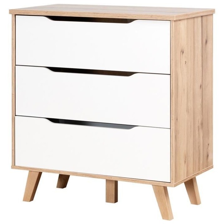 Commode 3 tiroirs - Décor chene et blanc mat - Pieds en massif - Scan