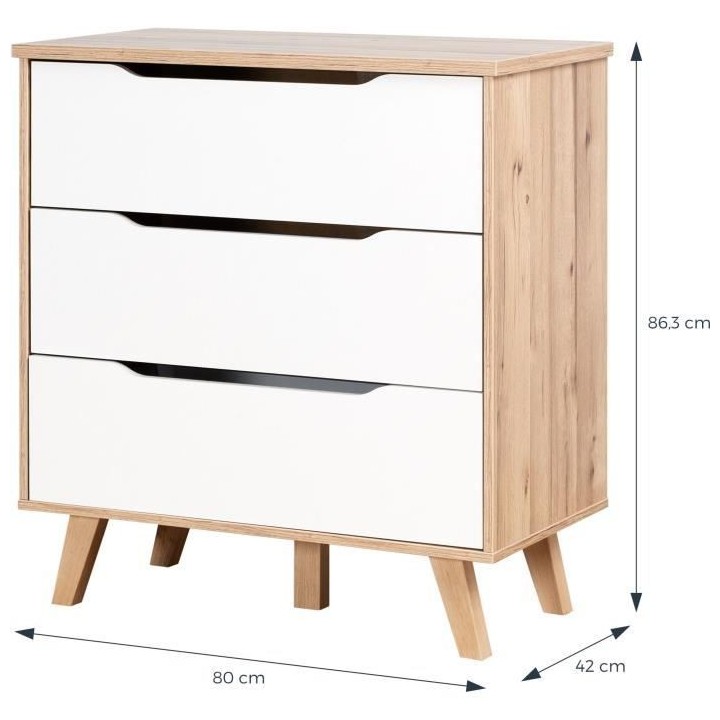 Commode 3 tiroirs - Décor chene et blanc mat - Pieds en massif - Scan