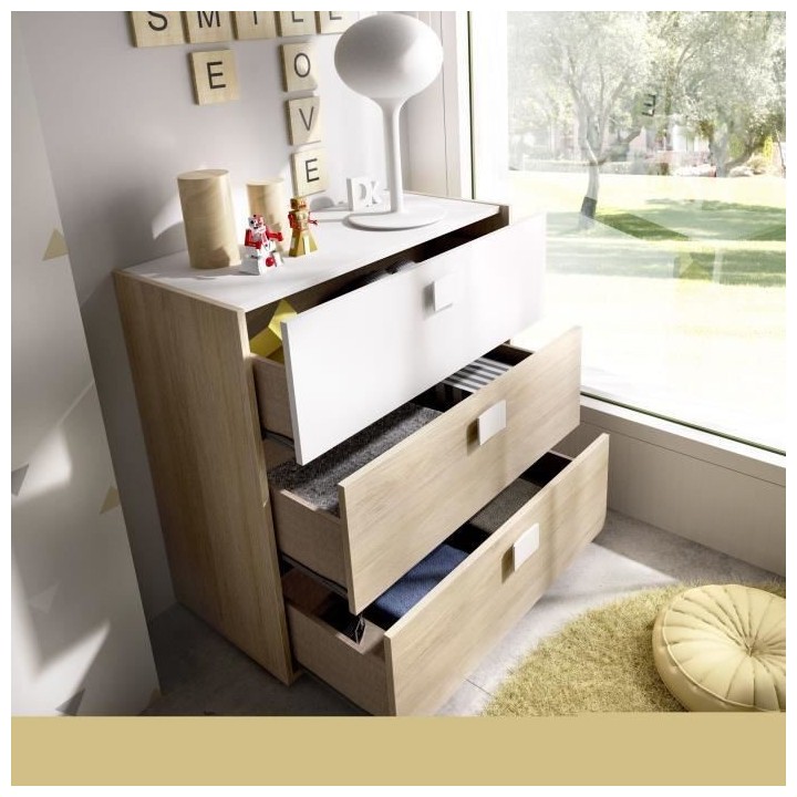 Commode enfant 3 tiroirs - Décor Blanc/chene - L80 x P43 x H81 cm