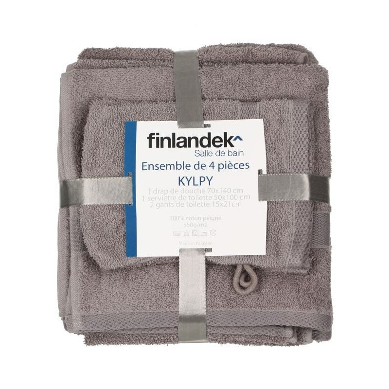 FINLANDEK Set 1 Serviette + 1 Drap Douche + 2 Gants KYLPY Gris