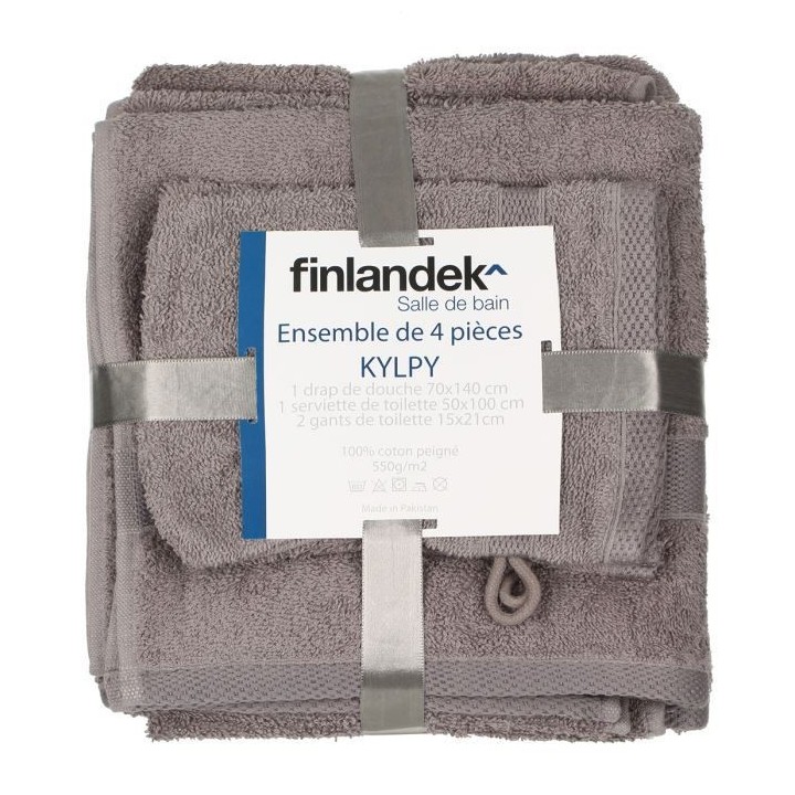 FINLANDEK Set 1 Serviette + 1 Drap Douche + 2 Gants KYLPY Gris