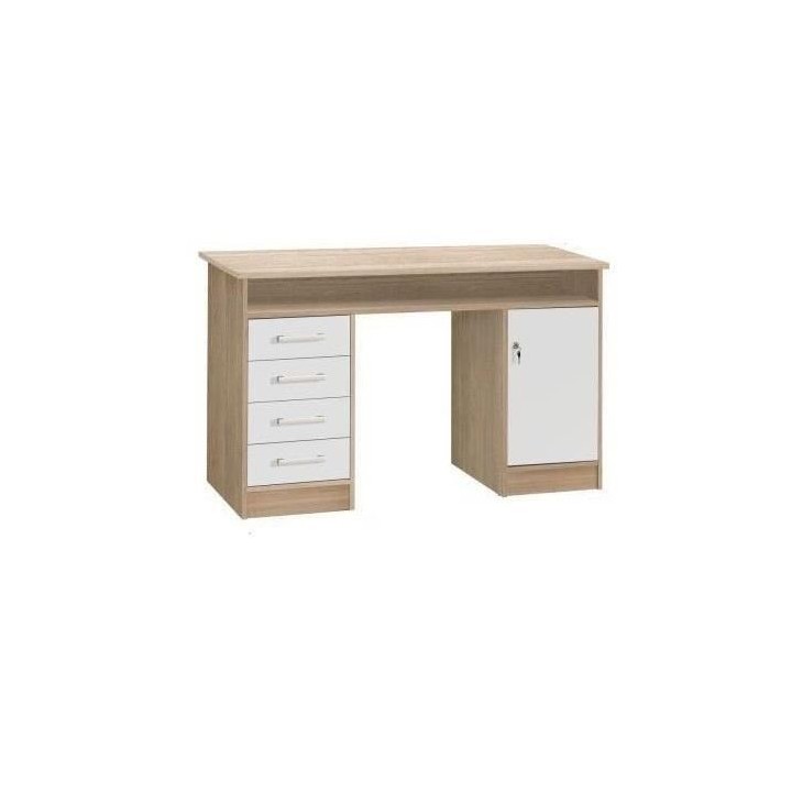 Bureau droit a clés avec 1 porte et 4 tiroirs - Décor chene et blanc