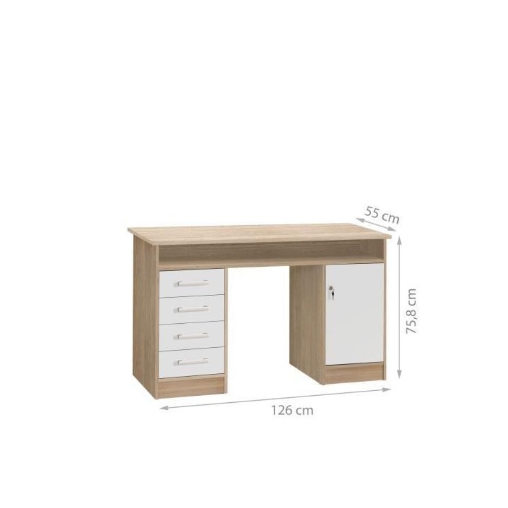 Bureau droit a clés avec 1 porte et 4 tiroirs - Décor chene et blanc