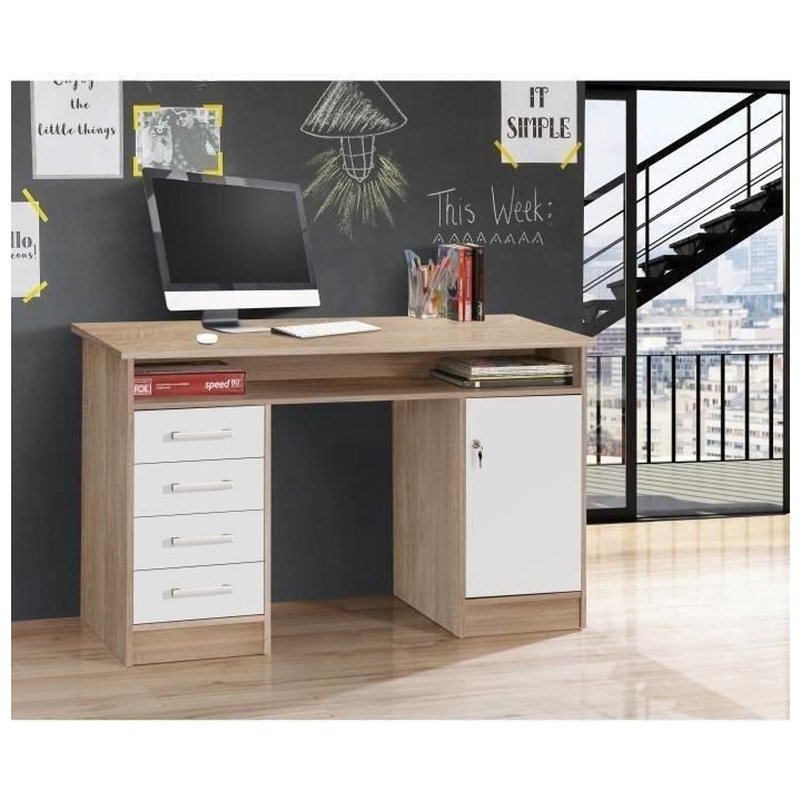 Bureau droit a clés avec 1 porte et 4 tiroirs - Décor chene et blanc