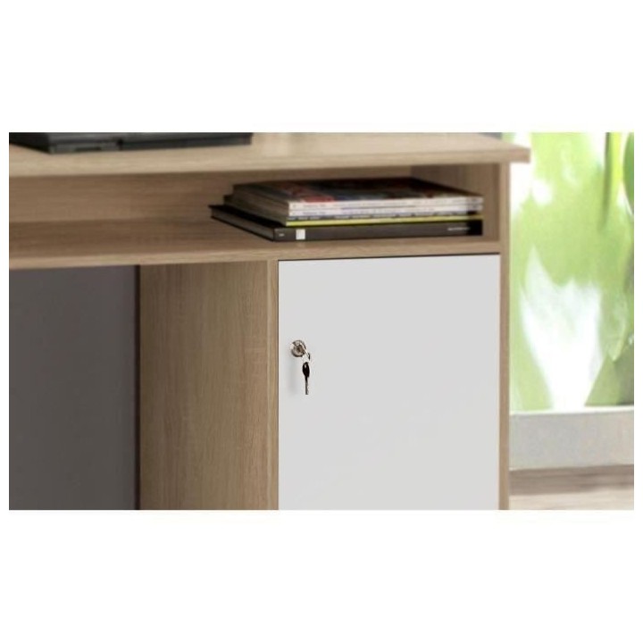 Bureau droit a clés avec 1 porte et 4 tiroirs - Décor chene et blanc