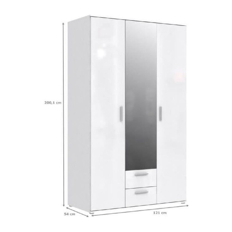 Armoire 3 portes battantes avec 1 miroir + 2 tiroirs - Blanc laqué brillant - L 121 x P 54 x H 200,1 cm - SELKEÄ