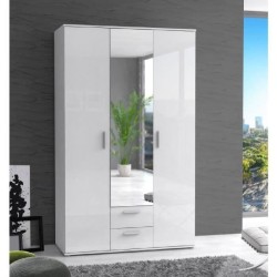 Armoire 3 portes battantes avec 1 miroir + 2 tiroirs - Blanc laqué brillant - L 121 x P 54 x H 200,1 cm - SELKEÄ