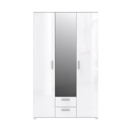 Armoire 3 portes battantes avec 1 miroir + 2 tiroirs - Blanc laqué brillant - L 121 x P 54 x H 200,1 cm - SELKEÄ