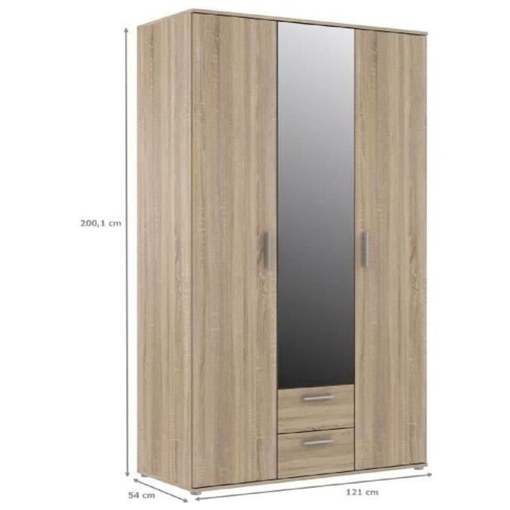 Armoire 3 portes battantes avec 1 miroir + 2 tiroirs - Décor chene So