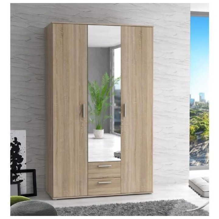 Armoire 3 portes battantes avec 1 miroir + 2 tiroirs - Décor chene So