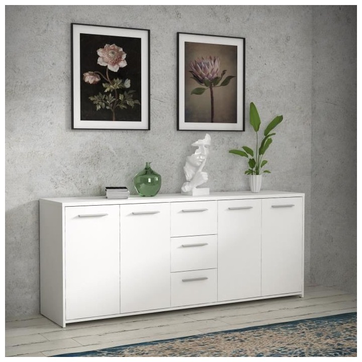 Buffet bas - Blanc mat - 4 portes 3 tiroirs - L 179 x P 42 x H 74,5 cm