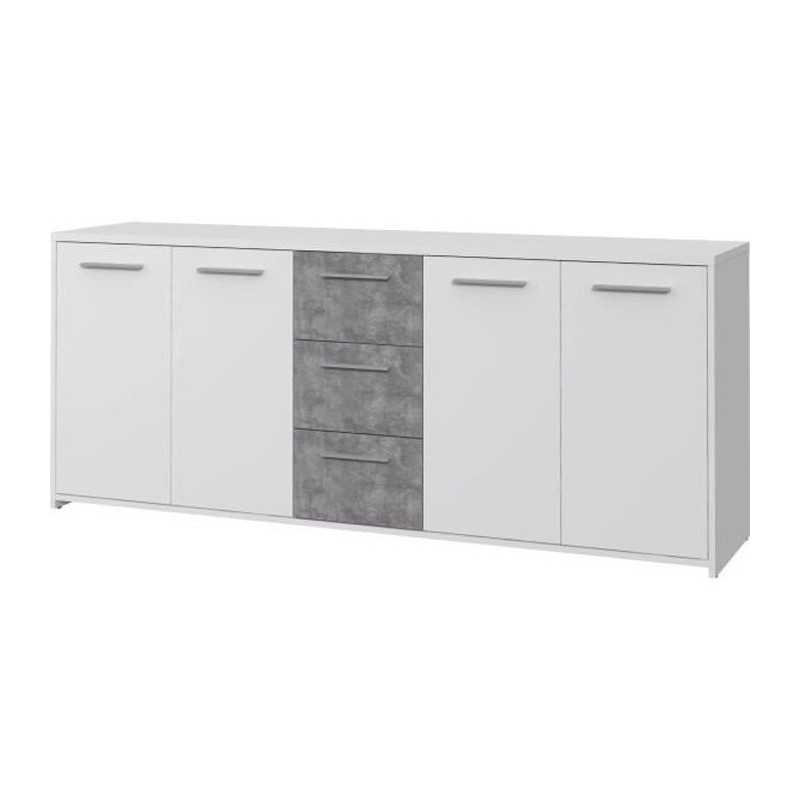 Buffet bas - Panneaux de particules - Blanc et décor gris béton - 4 portes + 3 tiroirs - L 179 x P 42 x H 74,5 cm