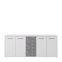 Buffet bas - Panneaux de particules - Blanc et décor gris béton - 4 portes + 3 tiroirs - L 179 x P 42 x H 74,5 cm