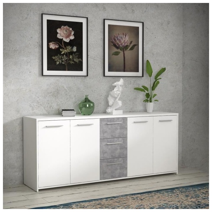 Buffet bas - Panneaux de particules - Blanc et décor gris béton - 4