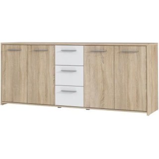 Buffet bas PILVI - 4 portes et 3 tiroirs - Blanc mat et chene sonoma -