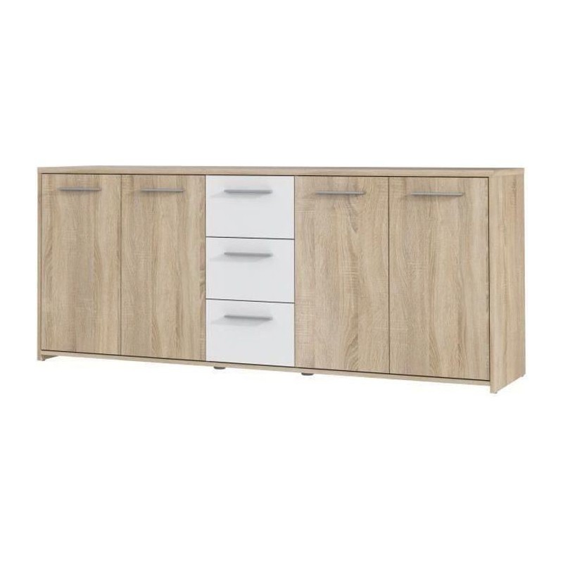 Buffet bas PILVI - 4 portes et 3 tiroirs - Blanc mat et chene sonoma - Contemporain - L 179,2 x P 42 x H 74,5 cm