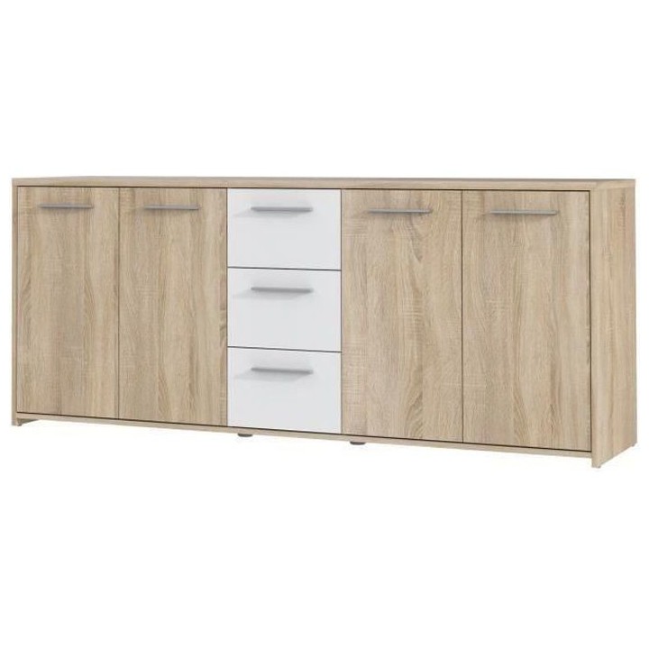 Buffet bas PILVI - 4 portes et 3 tiroirs - Blanc mat et chene sonoma -