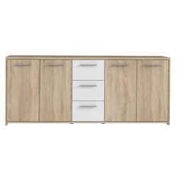 Buffet bas PILVI - 4 portes et 3 tiroirs - Blanc mat et chene sonoma - Contemporain - L 179,2 x P 42 x H 74,5 cm