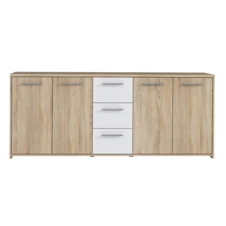 Buffet bas PILVI - 4 portes et 3 tiroirs - Blanc mat et chene sonoma -