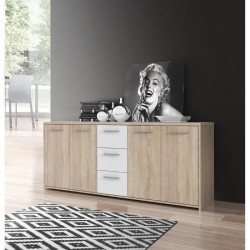 Buffet bas PILVI - 4 portes et 3 tiroirs - Blanc mat et chene sonoma - Contemporain - L 179,2 x P 42 x H 74,5 cm