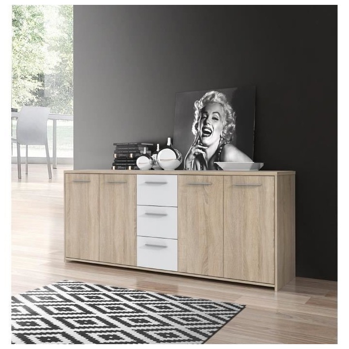 Buffet bas PILVI - 4 portes et 3 tiroirs - Blanc mat et chene sonoma -