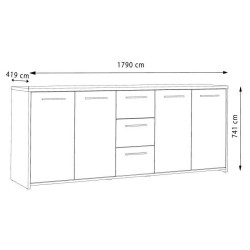 Buffet bas PILVI - 4 portes et 3 tiroirs - Blanc mat et chene sonoma - Contemporain - L 179,2 x P 42 x H 74,5 cm