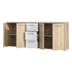 Buffet bas PILVI - 4 portes et 3 tiroirs - Blanc mat et chene sonoma - Contemporain - L 179,2 x P 42 x H 74,5 cm