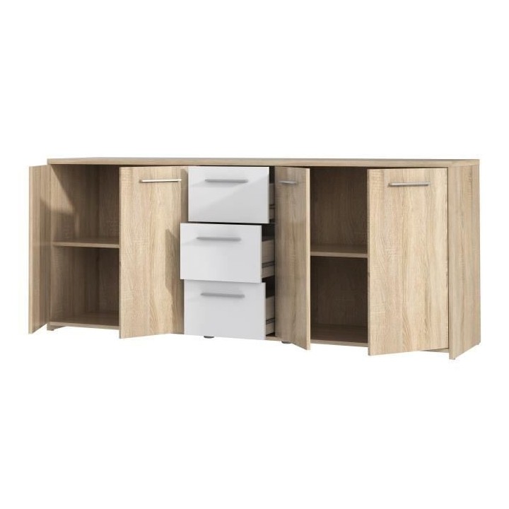 Buffet bas PILVI - 4 portes et 3 tiroirs - Blanc mat et chene sonoma -