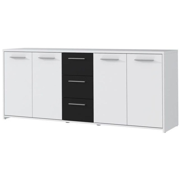 Buffet bas PILVI - 4 portes et 3 tiroirs - Blanc et noir mat - Contemp
