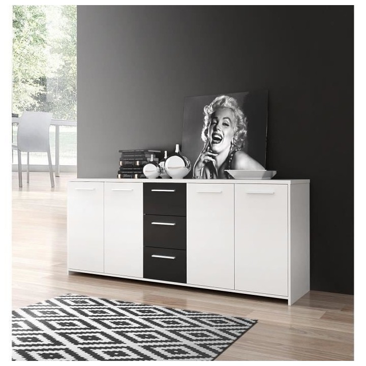Buffet bas PILVI - 4 portes et 3 tiroirs - Blanc et noir mat - Contemp