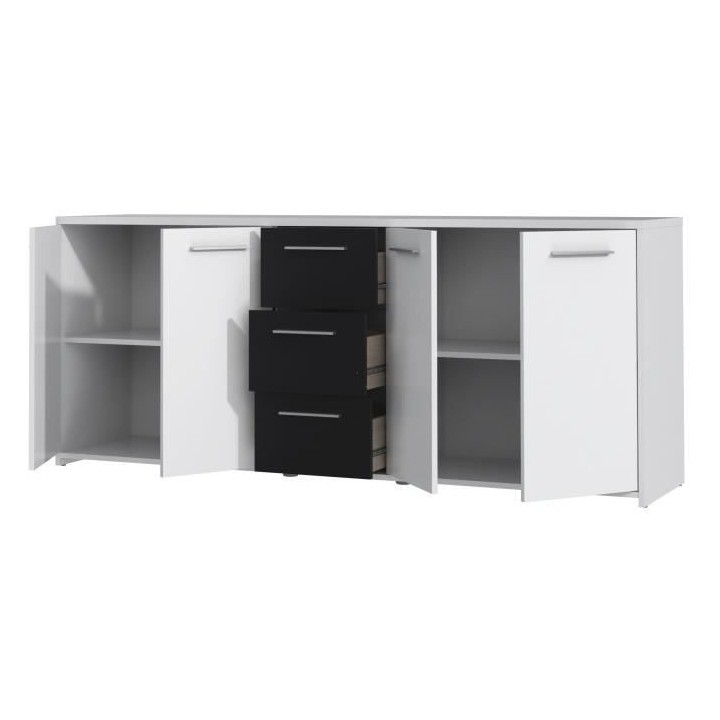 Buffet bas PILVI - 4 portes et 3 tiroirs - Blanc et noir mat - Contemp