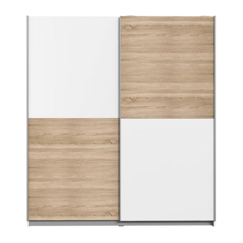 Armoire 2 portes coulissantes - Panneaux de particules - Décor chene et blanc - L 170,3 x P 61,2 x H 190,5 cm - ULOS